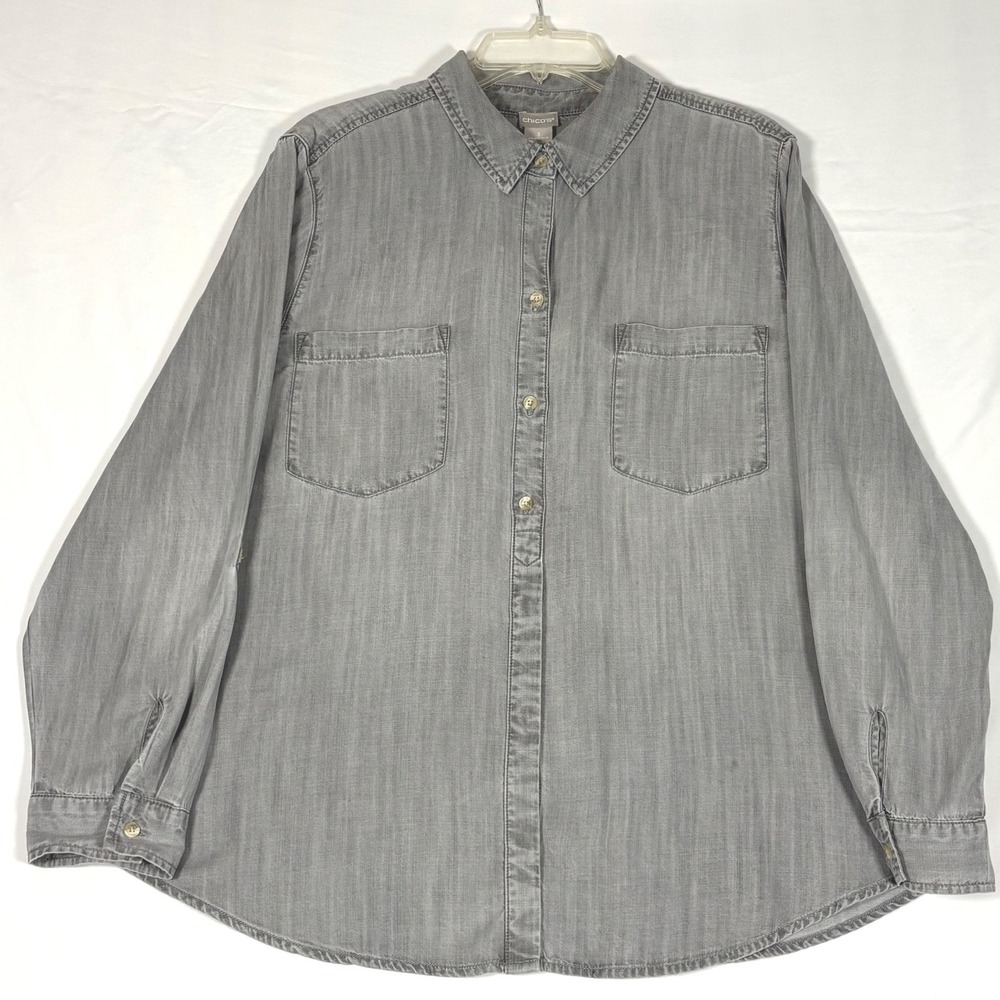 Chico's 100% Tencel Button Down Shirt Size 3 Gray Chambray Lightweight